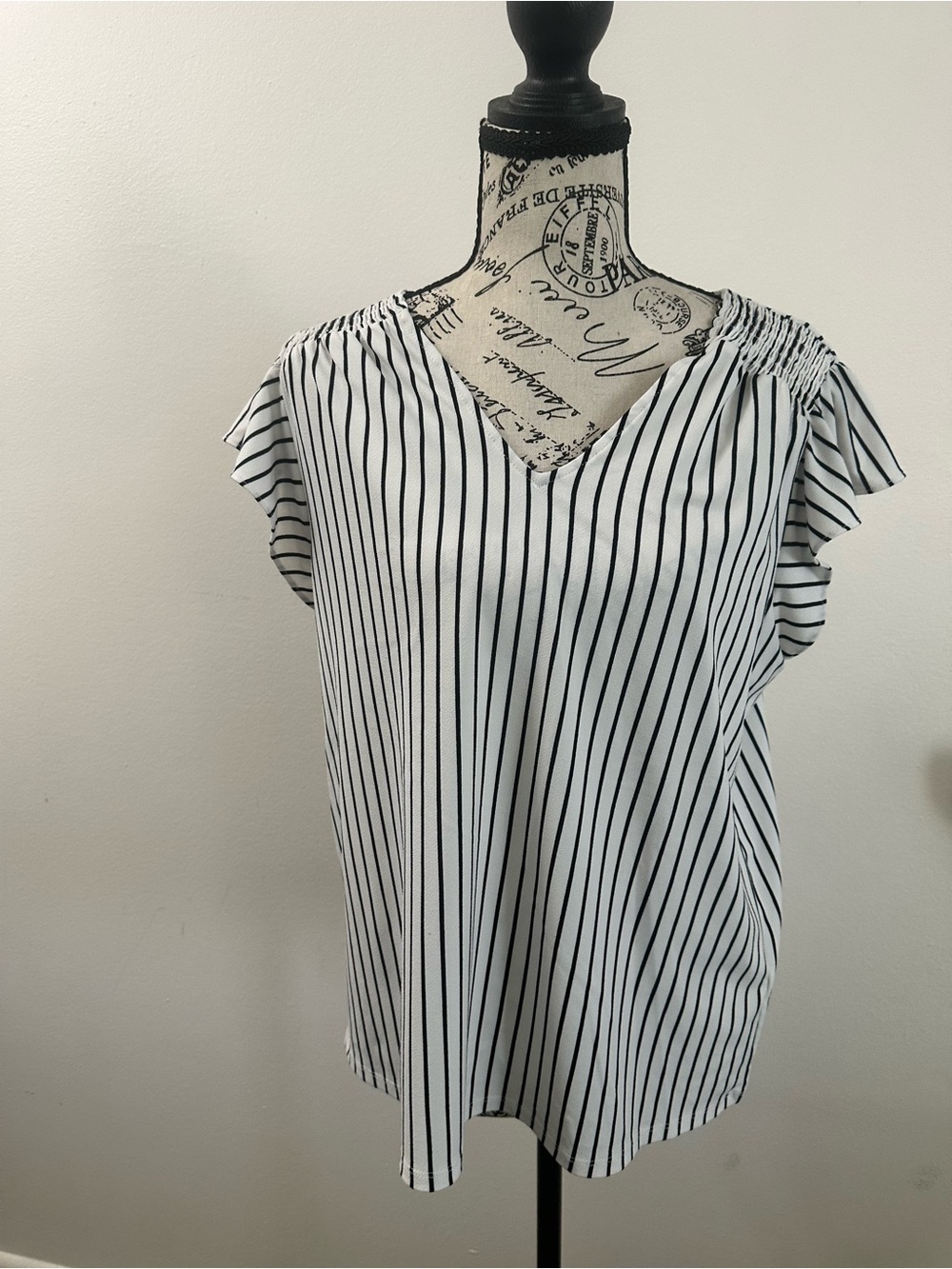 Adrianna Papell White Top with Black Vertical Stripes